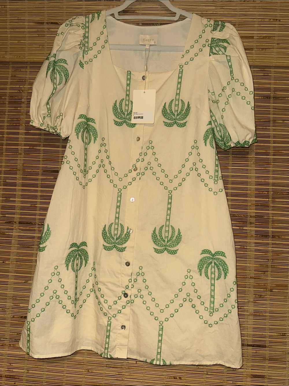 New! Entro Vacation Palm Print Puff-Sleeve Mini Dress Size M